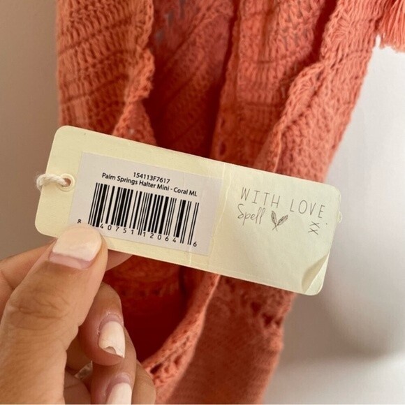 Spell Palm Springs Crochet Halter Mini Dress Coral Medium Large NWT - Picture 7 of 9
